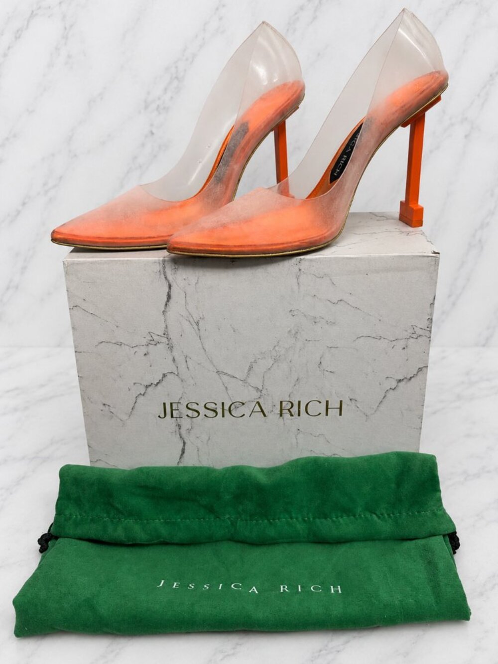 Jessica Rich Clear PVC Pointed Toe Pumps – Neon Orange Heels – Size 36 – New